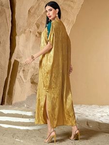 Tissu gingembre fente latérale manches courtes strass décoration col en V femmes musulmanes élégantes Abaya marocaine caftan - Product Image 4