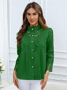 เสื้อชีฟองสีเขียวสำหรับผู้หญิงไซส์ใหญ่ คอทรงโอ กระดุมมุก ทรงหลวม สไตล์ลำลอง ผ้าลูกไม้ แขนยาว - Product Image 2