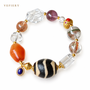 Pulsera de cuentas mixtas de ágata rayada Dzi natural, cuarzo transparente con inclusión de fantasma verde y negro para mujer, joyería al por mayor - Product Image 1