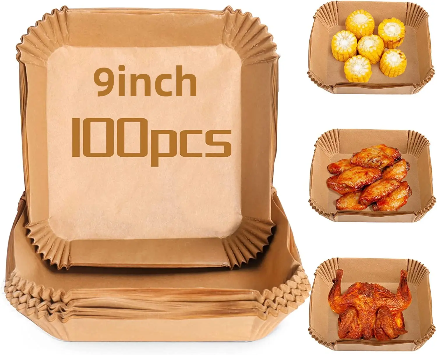 Yapışmaz gıda pişirme hava fritöz gömlekleri 9 inç kare 100/125 adet parşömen kağıdı, hava fritöz pişirme için tek kullanımlık kağıt astar