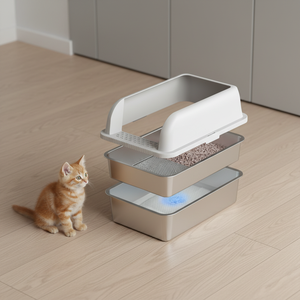 Gemakkelijk te reinigen semi-gesloten kattenbak moderne behuizing grote roestvrijstalen kattenbak met schep en mat - Product Image 1