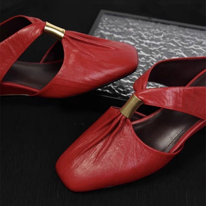 Mules en cuir à bout carré pour femmes, sandales à talons avec boucle métallique, sans talon, pour un usage quotidien décontracté - Product Image 3