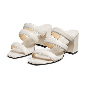 Robe trois bandes à enfiler pour femmes, sandales à talon épais, bout carré, - Product Image 1