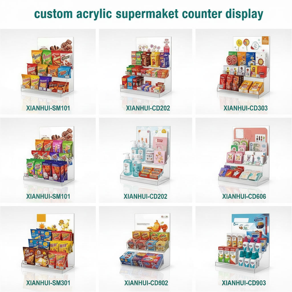 Espositore personalizzato in acrilico per banco da supermercato