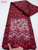 4755 Kalume 2026 Nouveau style Tissu en dentelle rose à broderie florale et perles, Tissu en maille filet à paillettes, Dentelle perlée à rayures et paillettes