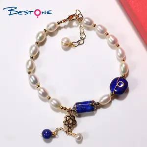 Bestone Natural Stone Lapis and Fresh Water Pearl Bracelet with Flower Charm Beads Bracelet