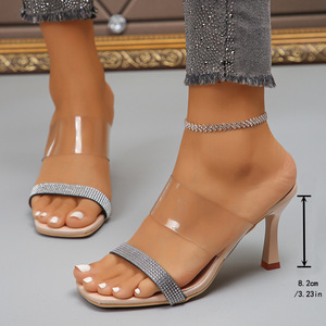 2024 nuovo arrivo estate punta quadrata sandali tacco alto abbigliamento donna taglie forti strass Stiletto <span class=keywords><strong>infradito</strong></span> Sexy - Product Image 4