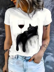 T-<span class=keywords><strong>shirt</strong></span> décontracté à manches courtes et col rond pour <span class=keywords><strong>femme</strong></span>, <span class=keywords><strong>motif</strong></span> <span class=keywords><strong>chat</strong></span> noir mignon style hip-hop, anti-plis et respirant, idéal pour les amoureux des chats - Product Image 2