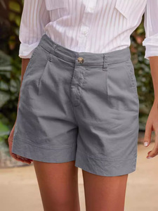 Pantalones cortos de verano para mujer, pantalones cortos de sarga elásticos suaves con bolsillos laterales, pantalones cortos cómodos de viaje diario con botones rectos sólidos clásicos - Product Image 4