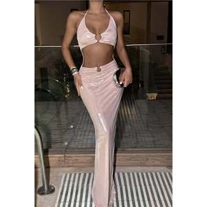 Vestido de Fiesta Formal Sencillo Rosa Palo con Detalle de Ventana, Talla XL, Corte Imperio, Poliéster, Largo hasta el Suelo, Decoración Floral - Product Image 5