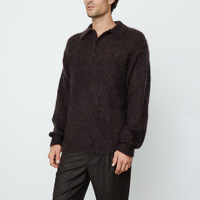 Vente en gros Design personnalisé Polo en tricot mohair à manches longues pour hommes, couleur unie, fausse fourrure, pelucheux, col boutonné