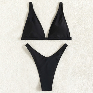 Bikini Nero Due Pezzi Perizoma a Laccetti a V da Donna Tinta Unita Sexy Micro Bikini - Product Image 6