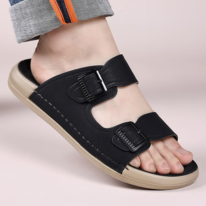 Sandales décontractées d'été pour hommes, à bout ouvert, avec empeigne en maille respirante, semelle souple en cuir véritable, soutien de la voûte plantaire, à enfiler - Product Image 3