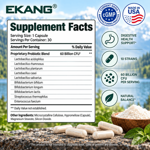 Made in USA <b>Probiotic</b> 10 Strains 60 Billion CFU Digestive Health Support Dietary Supplement 30 Capsules - Product Image 2