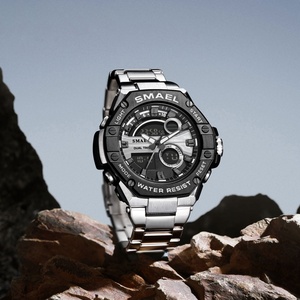 Montre chronographe analogique-numérique de luxe SMAEL 8090, étanche, lumineuse, boîtier/cadran en alliage, bracelet en acier inoxydable, alarme pour plongeurs - Product Image 1