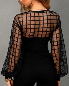 Blus Jala Lengan Panjang Wanita, Blus Warna Hitam Lengan Panjang Ukuran Besar untuk Musim Panas - Product Image 4