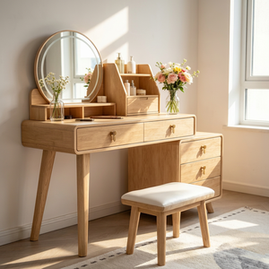 Premium Oak Combined Dressing Table Round <b>Mirror</b> Double Side Storage Cabinet Makeup <b>Vanity</b> Set With Cushioned Stool - Product Image 1