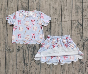 GSD3656  Tenues de yoga décontractées à manches courtes en coton et élasthanne pour petites filles actives, avec nœuds de baseball imprimés, vente en gros - Product Image 2