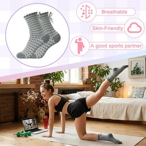 Calcetines de Yoga, Pilates, Baile y Ejercicio para Mujer, Antideslizantes, con Lazo, por Encima de la Rodilla, en Cuadros, Morado, Gris, Amarillo y Verde - Product Image 5