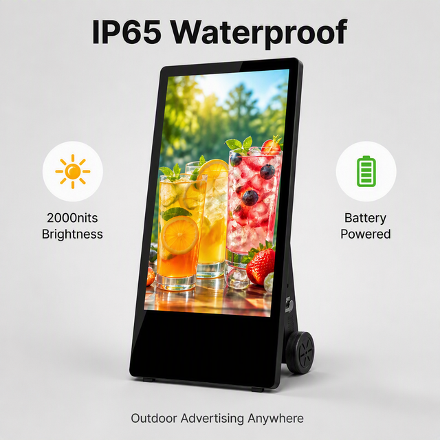 Outdoor Digital Signage IP65 Waterproof 1500nits Sunlight Readable Battery Powered Android LCD Advertising Display on Wheels