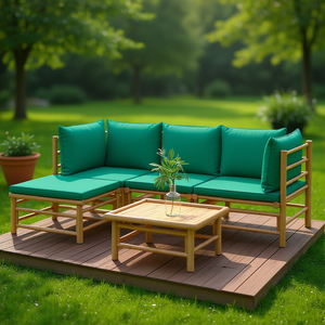 Ensemble de salon de jardin en bambou avec coussins en polyester vert, meubles d'extérieur de style tropical, 4 places, résistant aux intempéries - Product Image 2