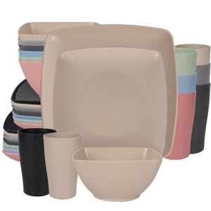 24pcs Modern Unbreakable Plastic Square Wheat Straw Dinnerware Sets Service 6 for Home & Outdoor Camping Promotional Tableware