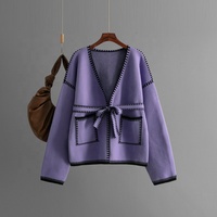 Nouveau cardigan ample à col en V pour femme - Manteau en tricot à manches longues avec blocs de couleur