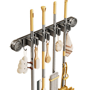 Bathroom Suction Cup <b>Mop</b> Holder With Hooks Stainless Steel <b>Wall</b> Mounted Organizer For Toilet Door Broom And Rag Storage - Product Image 5