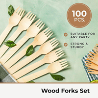 Ensemble de 100 couverts jetables en bois de bouleau (fourchettes, cuillères, couteaux) – Écologiques et biodégradables pour fêtes, restaurants et pique-niques