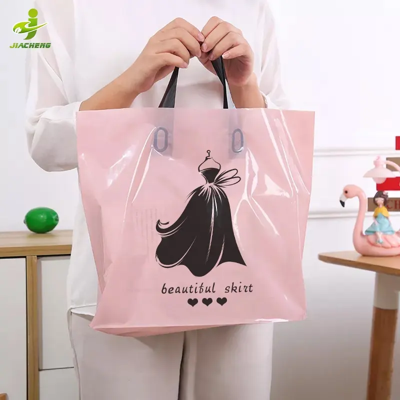 Custom printed logo recyclable retail reusable black plastic poly tote carrier shopping bags with soft loop handles