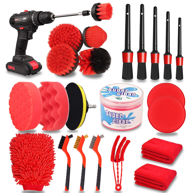 24 Pcs Car Detailing Brush Set Drill Soft Brushes Wash Kit With Cleaning Gel for Interior Exterior Wheels Dashboard