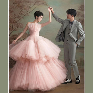 Elegant Pink Tulle Ball Gown Strapless Empire Waist Wedding Dress For Studio Portrait Photography - Product Image 4