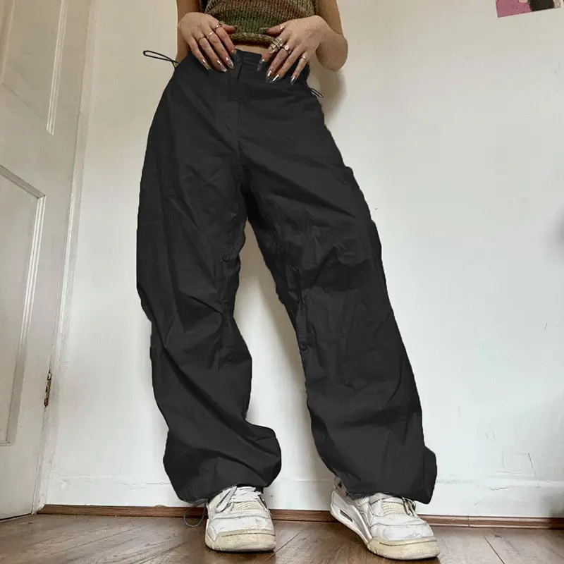 Women Casual Wide Leg Cargo Pants Vintage Low Waist Drawstring Joggers Tech Pants Solid Button Hippie Streetwear Baggy Trousers