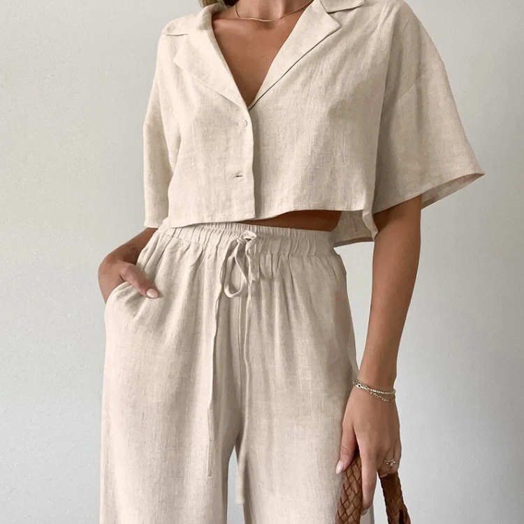 Tùy Chỉnh Thời Trang Linen Set Womens Mùa Hè Rộng Chân Linen Quần Set Cho Phụ Nữ Phụ Nữ Giản Dị Tops Linen Bộ 2 Mảnh