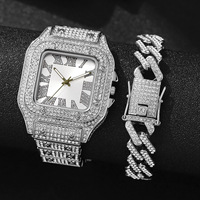 Ensemble de bijoux bling-bling avec montres Iced Out, bracelet chaîne maille cubaine, collier ras-du-cou, pour cadeau de mari, coffret cadeau montre Hip Hop