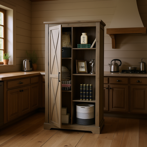 Armario de Despensa Rústico Estilo Granja con Puerta Corredera, Almacenamiento de Cocina, 5 Estantes, Color Gris Lavado - Product Image 2