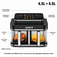 Friteuse à air numérique à double zone indépendante 2800W avec deux paniers en verre 4.5L+4.5L, Nouveauté 2026, Vente Flash, Certifiée CE