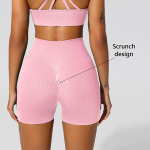 XW-059+061+062 Conjunto de 3 piezas: Shorts de cintura alta con efecto fruncido, leggings de entrenamiento y sujetador deportivo cruzado sin espalda para mujer, ropa deportiva para <span class=keywords><strong>gimnasio</strong></span> - Product Image 4