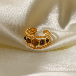 Anillos de Acero Inoxidable con Baño de Oro de 18K, Diseño Moderno, con Cinco Piedras de Ojo de Tigre, Redondos y Huecos, para Mujer - Product Image 5