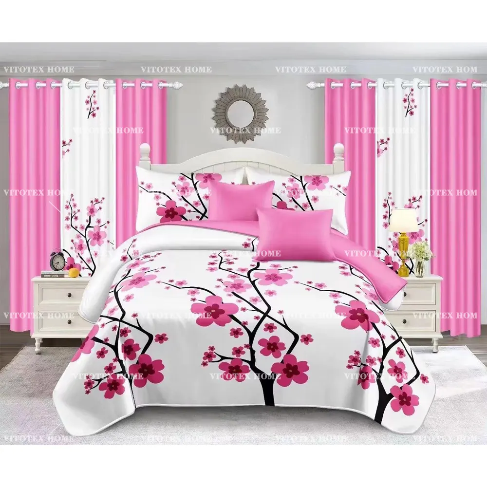 2024 new design 8 pieces bedding set with curtains wholesale printed 6pc bed sheet set and 2pc curtains in stock