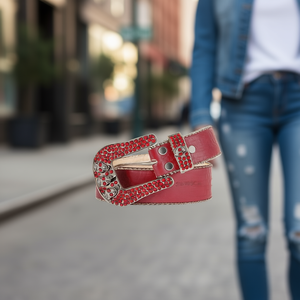 Ceinture en cuir Angelina avec strass et crâne, 3,8 cm x 105 cm, en cuir de vache véritable, accessoire de mode décontracté - Product Image 2