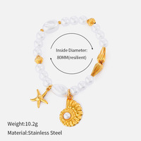 Bracelet élastique en perles d'acrylique et coquillages, style plage estival, en acier inoxydable plaqué or avec breloques