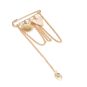 Grande broche de sécurité dorée pour femme, style vintage, avec pendentif cœur et soleil, chaîne à pampilles, boucle anti-exposition pour chemise, accessoire décoratif - Product Image 5