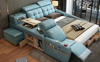 Meubles de chambre à coucher modernes blancs, lit king size en cuir, cadre en chêne, haut-parleur, chargeur USB, canapé-lit massant, garantie de 5 ans