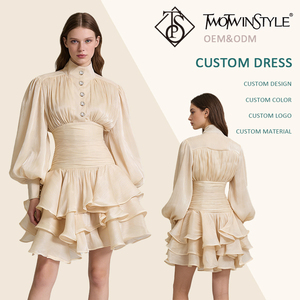 Vestido Mini Elegante Bege com Gola Alta para Mulheres, Manga Bufante, Cintura Franzida, Vestido de Festa em Camadas para Coquetel, Madrinha, Casamento - Atacado - Product Image 1