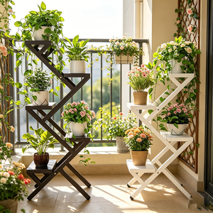 Support à plantes multi-niveaux blanc/noir en métal et bois, simple, moderne, écologique, léger, durable, pour intérieur et extérieur, maison et jardin - Product Image 1
