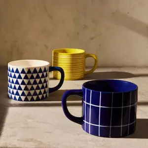 Gridding pattern custom decal nordic modern wholesale stoneware water tea cup set customizable ceramic mug for gift