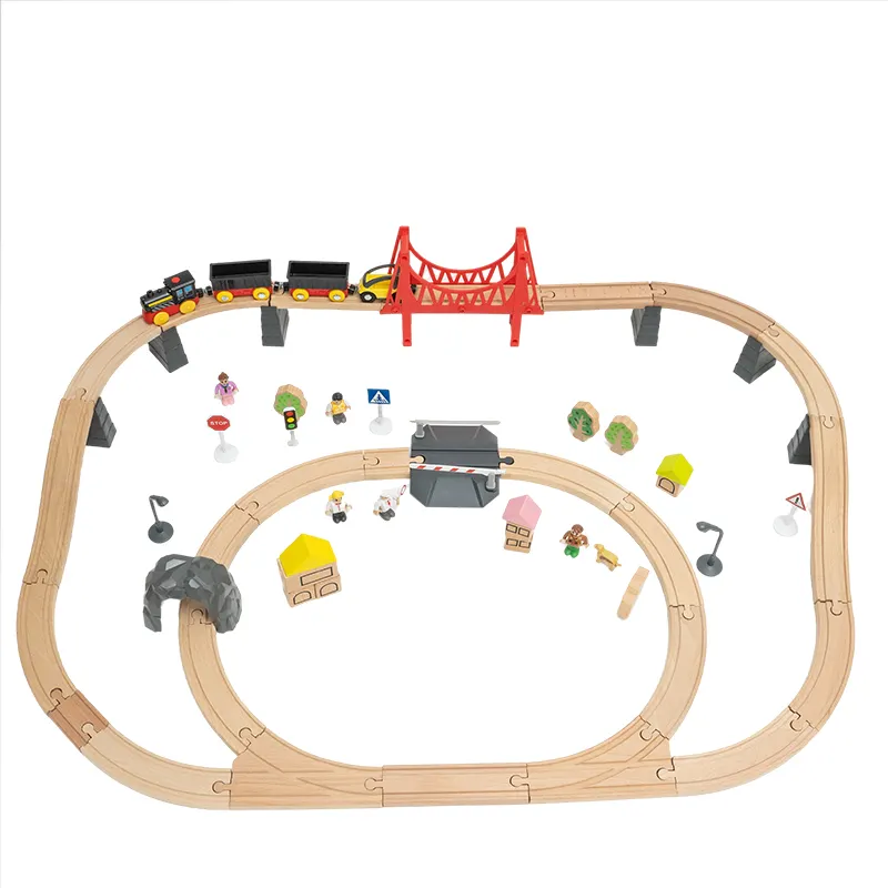 Eco-friendly Naturally Wooden Battery Operated Railway Train Track Builder Transportation Set of 64pcs for Kids Boys and Girls
