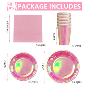 Assiettes en papier d'<span class=keywords><strong>anniversaire</strong></span> en gros, fournitures <span class=keywords><strong>de</strong></span> fête, serviettes en papier doux, ensembles <span class=keywords><strong>de</strong></span> vaisselle jetables en feuille holographique rose - Product Image 6