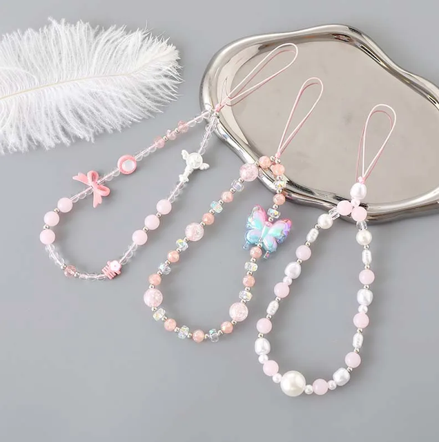 Korean Pearl Bow Beaded Phone Chain Lanyard for Girls Sweet Pink Butterfly Tulip Wrist Strap Phone Case Hanging Rope Jewelry